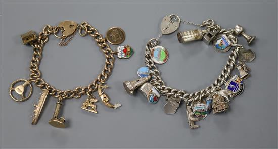 A 9ct gold charm bracelet with padlock clasp and a silver charm bracelet,